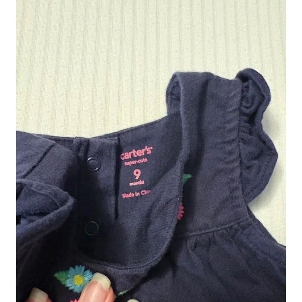 Carters size 9 months navy blue sleeveless dress with floral embroidery